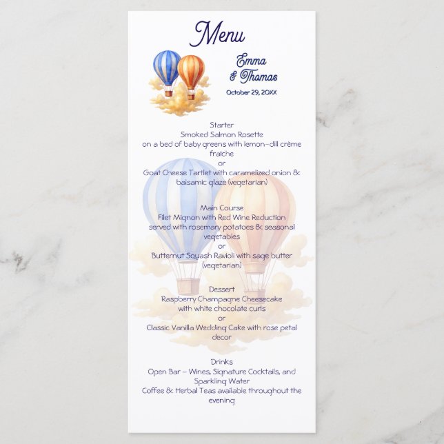 Love Is in the Air Hot Air Balloon Travel Wedding Menu (Front)