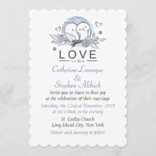 Love Is In The Air Lovebirds Purple, White Wedding Invitation
