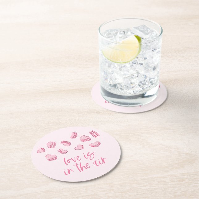 Love Is In The Air Pink Hearts Round Paper Coaster (Insitu)