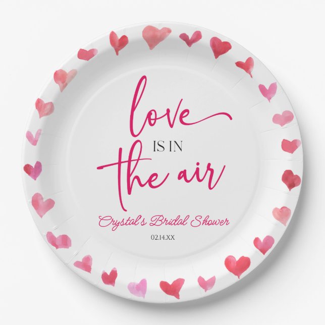 Love Is In The Air Red Pink Hearts Bridal Shower Paper Plate (Front)