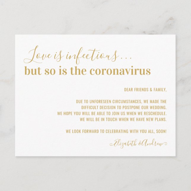 Love is Infectious Gold Wedding Postponement Announcement Postcard (Front)