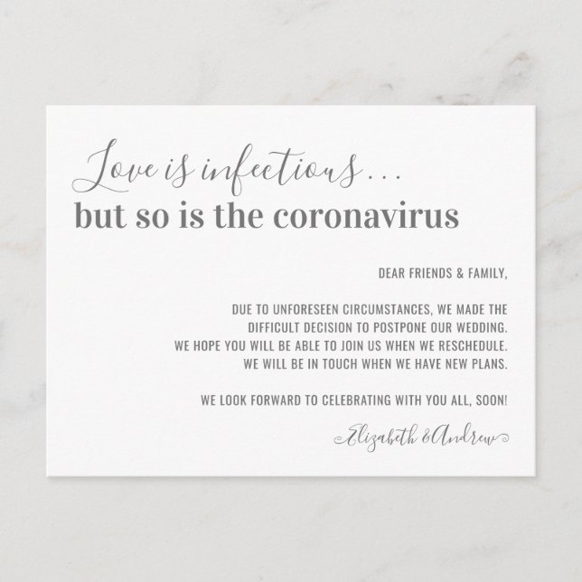 Love is Infectious Silver Wedding Postponement Announcement Postcard (Front)