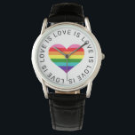 Love is Love Black Rainbow Heart LGBTQ Pride Watch<br><div class="desc">Love is Love. Love has no limits. Celebrate and show your support for the LGBTQ community with this 8-coloured rainbow striped heart watch with modern "Love is Love is Love... " black text that frames the design. Includes a clean white background.</div>