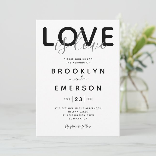 Love is Love Black White Gay Wedding Invitation (Standing Front)