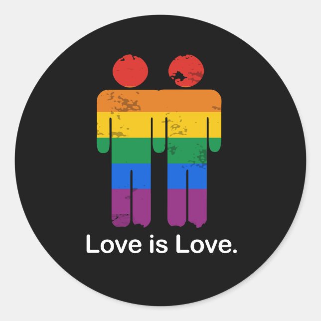 LOVE IS LOVE GAY COUPLE CLASSIC ROUND STICKER (Front)
