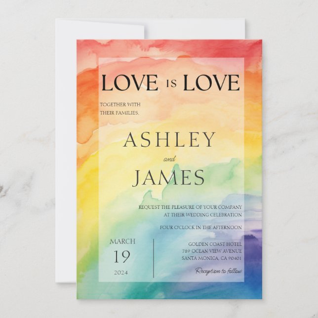 Love is Love Gay Lesbian LGBTQ Wedding Rainbow  Invitation (Front)