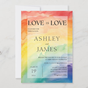 Love is Love Gay Lesbian LGBTQ Wedding Rainbow Invitation