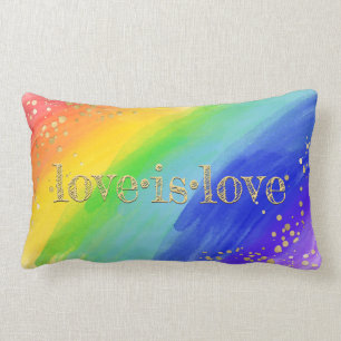 Love is Love Gold Typography Watercolor Rainbow Lumbar Cushion