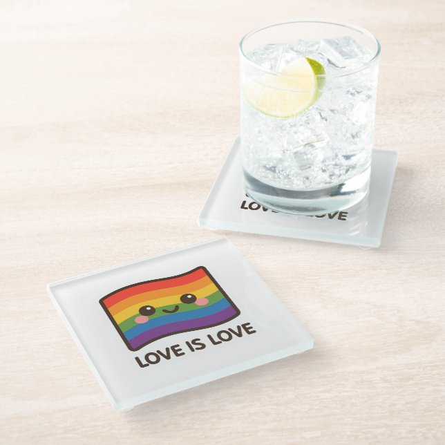 Love is Love – Kawaii Rainbow Design Glass Coaster (Angled)