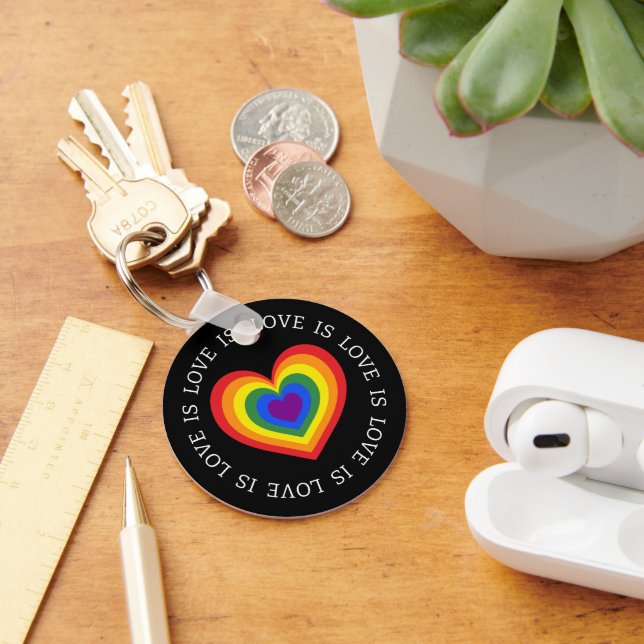 Love is Love LGBTQ Rainbow Heart on Black Key Ring (Desk)