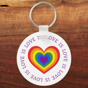 Love is Love LGBTQ Rainbow Heart on White Key Ring