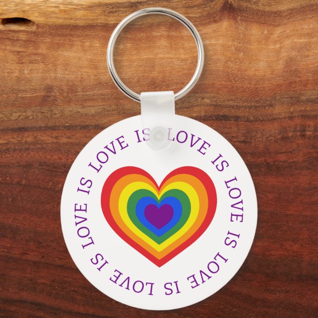 Love is Love LGBTQ Rainbow Heart on White Key Ring (Front)