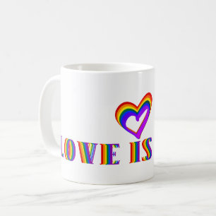 Love is Love or Your Text Rainbow Heart LGBTQ Coffee Mug