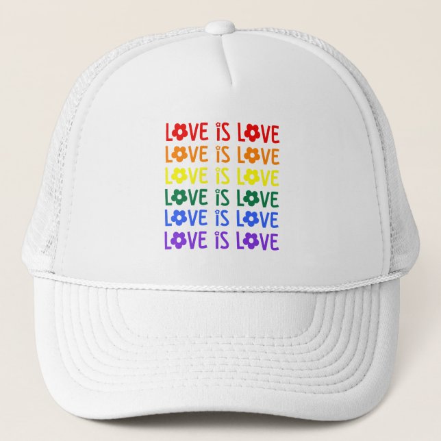Love Is Love Pride Hat – Rainbow Floral Text (Front)