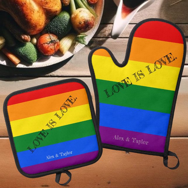 LOVE IS LOVE. Pride Month LGBT Rainbow Gay Flag Oven Mitt & Pot Holder Set (Creator Uploaded)