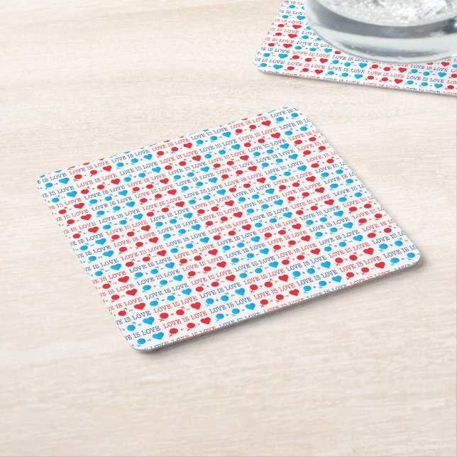 LOVE is LOVE quote in red and blue Square Paper Coaster (Angled)