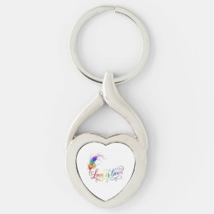 Love is Love Rainbow Feather Elegant Heart Metal K Key Ring