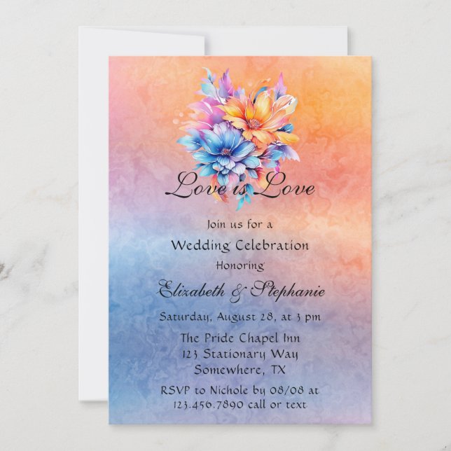 Love is Love Rainbow Floral Wedding Celebration Invitation (Front)