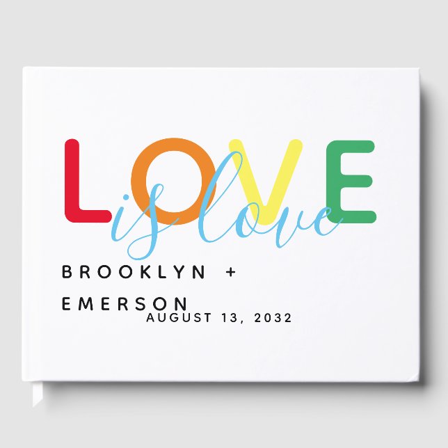 Love is Love Rainbow Gay Lesbian Wedding Guest Book (Front)
