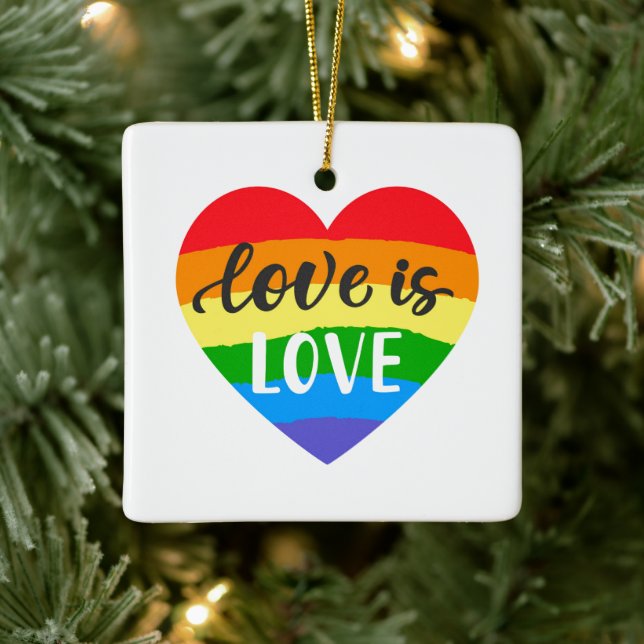 Love is Love Rainbow Heart Ceramic Ornament (Tree)