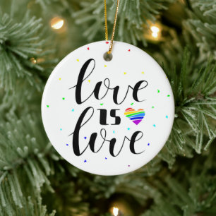 Love is Love   Rainbow Hearts Ceramic Tree Decoration