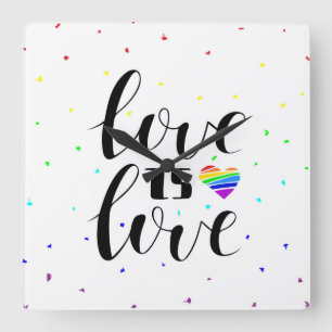 Love is Love Rainbow Hearts Square Wall Clock