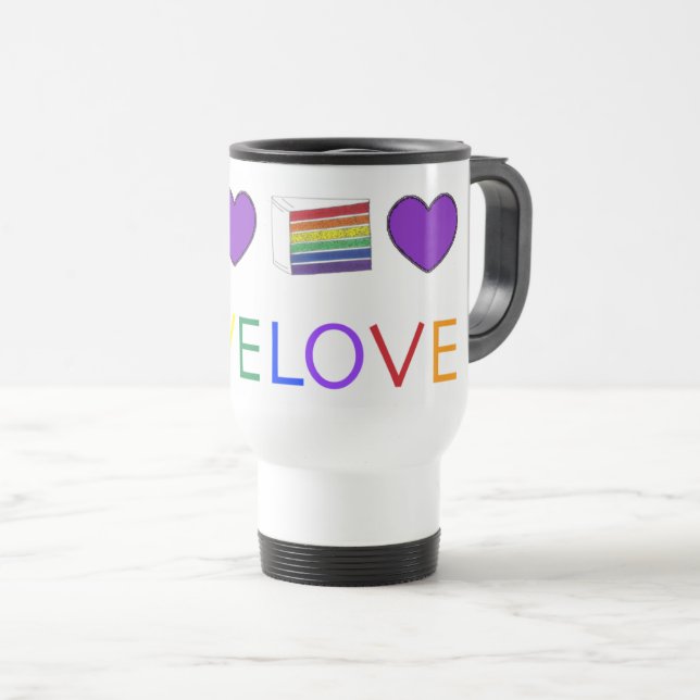 Love is Love Rainbow Purple Heart Cake Gay Pride Travel Mug (Front Right)