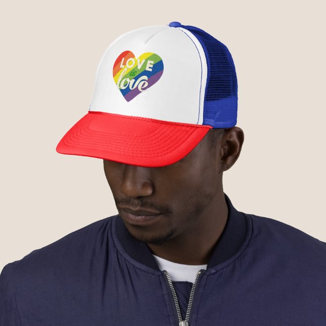 Love is Love Rainbow Stripe Heart Pride Trucker Hat (In Situ)