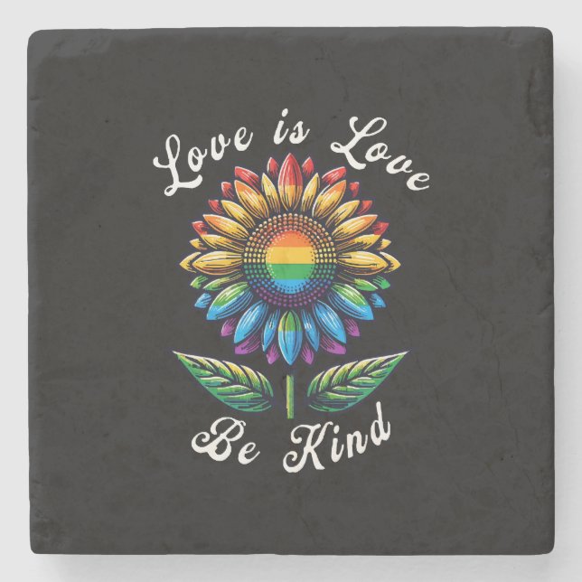 Love Is Love Rainbow Sunflower LGBT+ Gay Lesbian P Stone Coaster (Front)