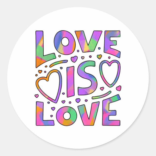 Love is Love Rainbow Typography Classic Round Sticker (Front)