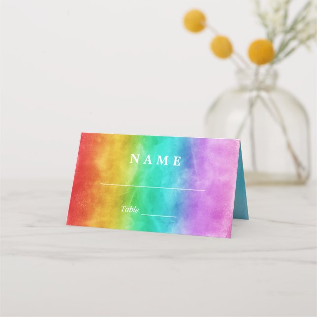 Love is Love Rainbow Watercolor Gay Wedding Place Card (Front)