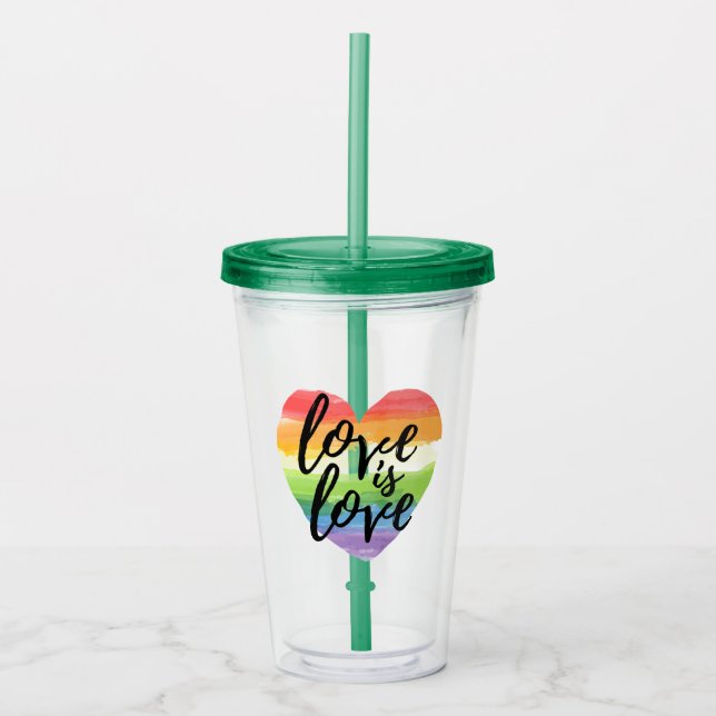 Love is Love | Rainbow Watercolor Heart Acrylic Tumbler (Front)