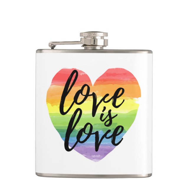 Love is Love | Rainbow Watercolor Heart Hip Flask (Front)