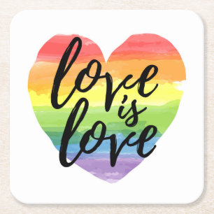 Love is Love Rainbow Watercolor Heart Square Paper Coaster