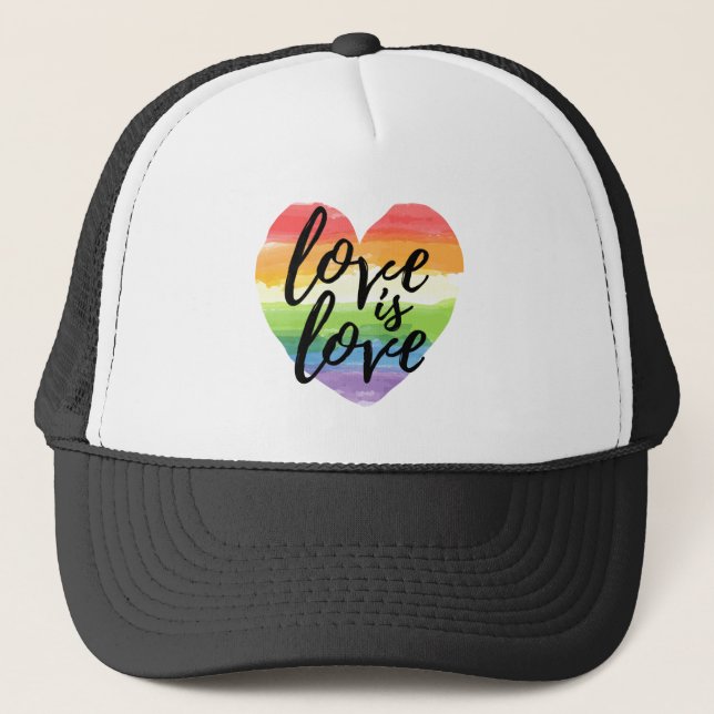 Love is Love | Rainbow Watercolor Heart Trucker Hat (Front)