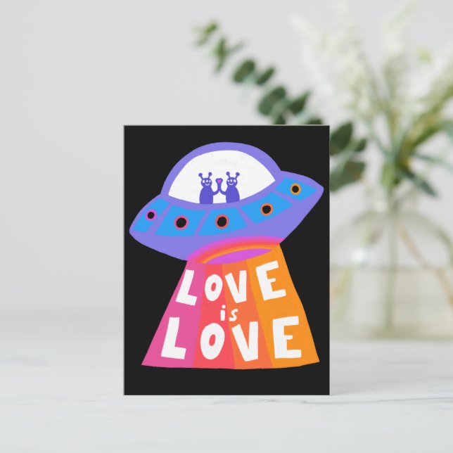 LOVE IS LOVE Spaceship Aliens Colourful Rainbow Postcard (Standing Front)