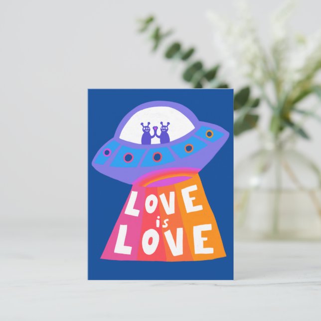 LOVE IS LOVE Spaceship Aliens Colourful Rainbow UF Postcard (Standing Front)