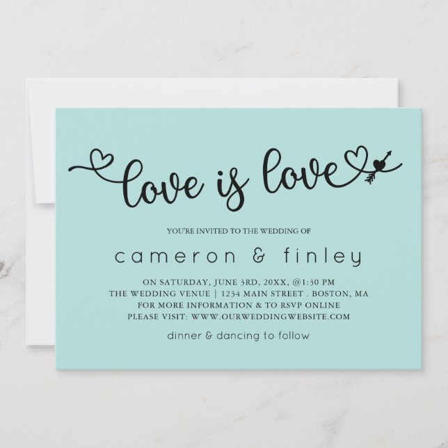 Love Is Love Turquoise Gay or Lesbian Wedding Invitation (Front)