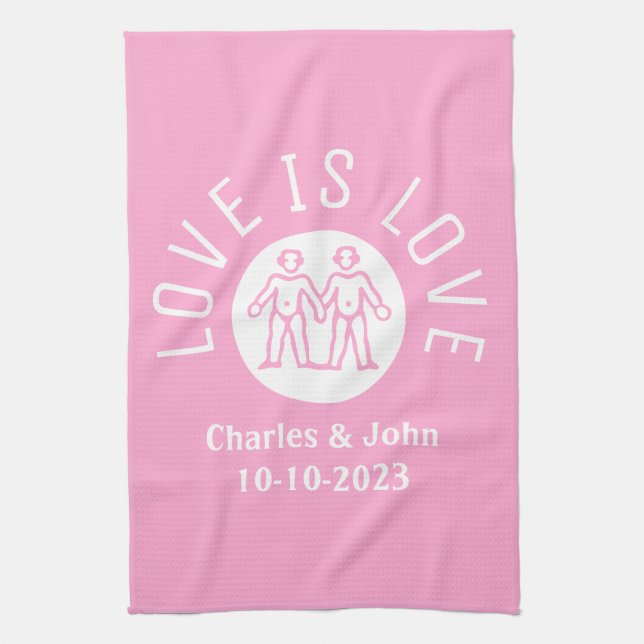 Love is Love Typography Logo Gay Pride LGBT Pink Tea Towel (Vertical)