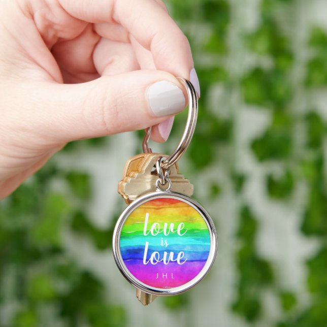 Love is Love Watercolor Gay Pride Rainbow Key Ring (Hand)