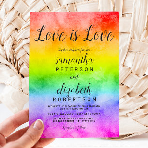 Love is love watercolor photo lesbian wedding invitation