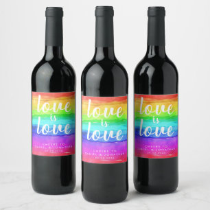 "Love is Love" Watercolor Pride Rainbow Wedding Wine Label