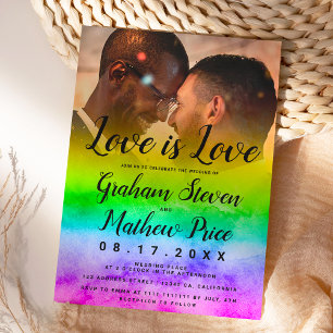 Love is love watercolor raimbow photo gay wedding invitation