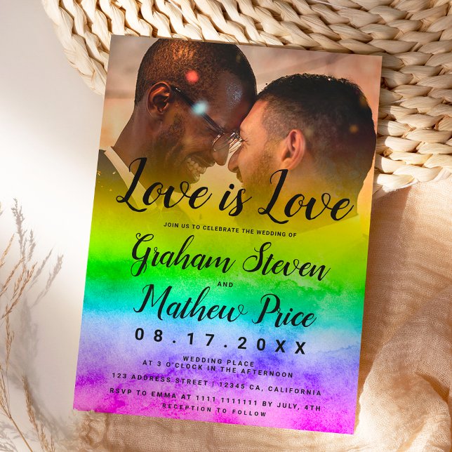 Love is love watercolor rainbow photo wedding invitation (Creator Uploaded)