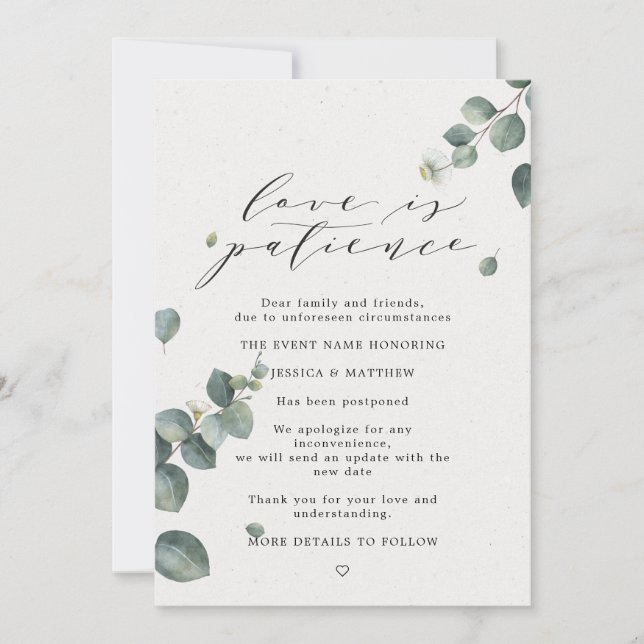 Love is Patience Postponed Eucalyptus Wedding Announcement (Front)