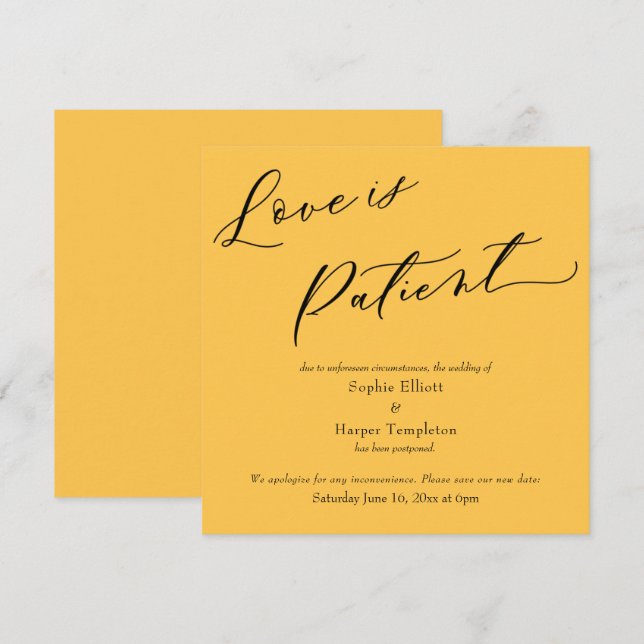 Love is Patient Apricot Postponed Wedding Card (Front/Back)