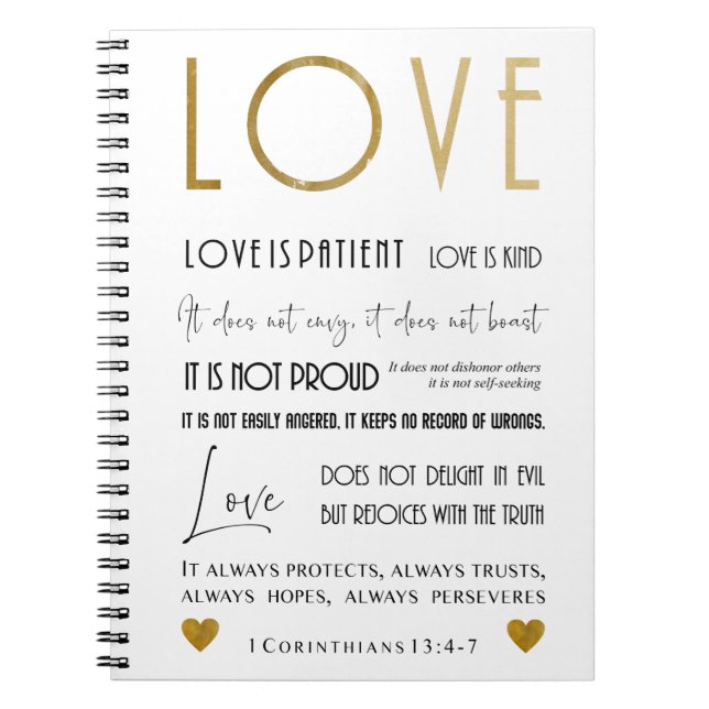 Love is patient BIble verse Typography Gold Chic Notebook (Front)