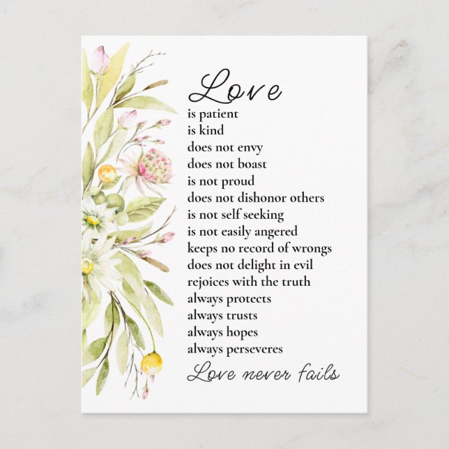 Love is Patient Bible Wedding Congratulations Postcard (Front)