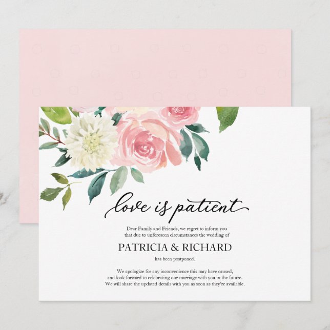 Love Is Patient Blush Floral Wedding Postponement Invitation (Front/Back)
