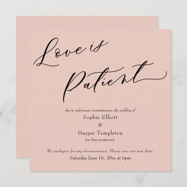 Love is Patient Blush Pink Postponed Wedding Card (Front/Back)